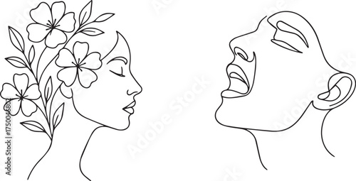 woman faces with flowers line art