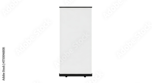 A blank white rollup banner stand with a black base isolated on transparent background