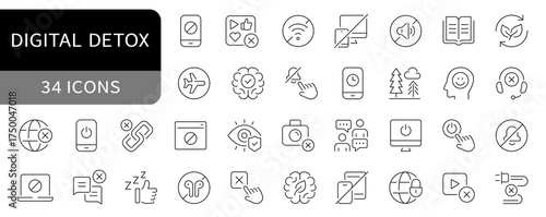 Digital detox simple icons set. Offline, no phone, no gadgets editable stroke icon. vector