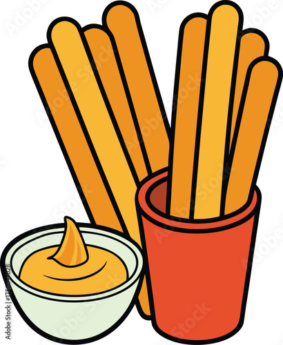 Churros With Dipping Sauce Delicious Snack Art Vector illustration