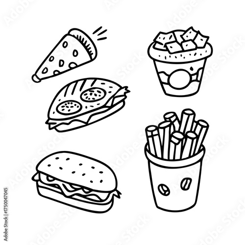 Line art illustration of fast food items