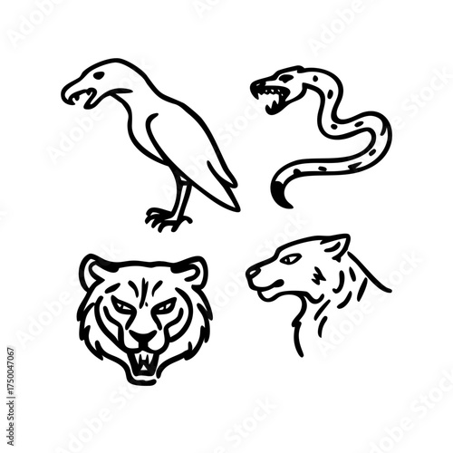 Illustration of a raven, snake, tiger, and wolf