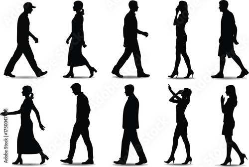 Silhouettes of diverse people walking in various poses, creating a dynamic and engaging composition