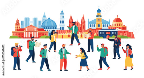 Diverse group of tourists exploring iconic city landmarks and architecture.