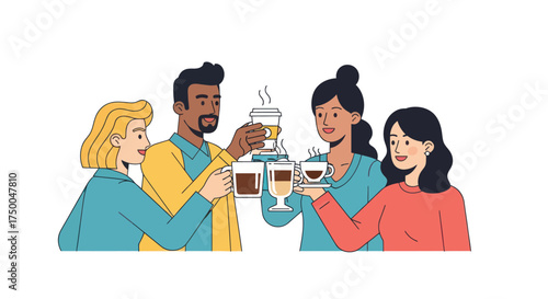 Diverse group of friends toasting with coffee drinks in a casual gathering.