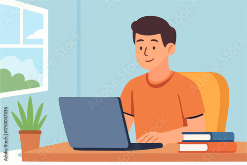 Vector illustration of students studying online using laptops at home m32.eps