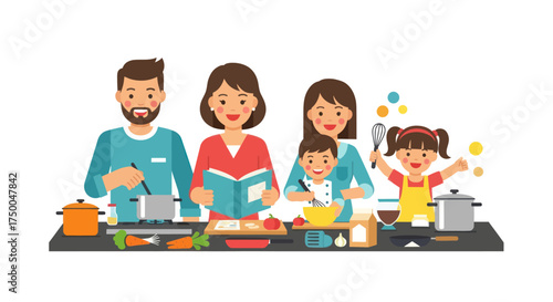 Happy family cooking together preparing a meal in a kitchen setting.