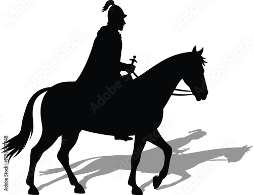 Silhouette of a medieval knight riding a horse isolated on white background, a symbol of bravery