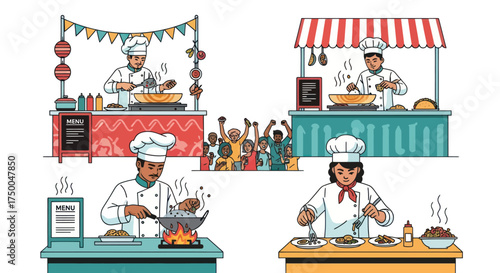 Chefs cooking at food stalls preparing meals and serving customers with enthusiasm.