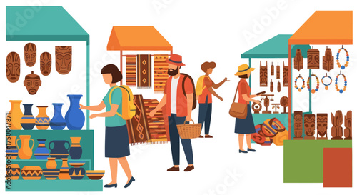 Diverse shoppers browse colorful artisan stalls at a vibrant outdoor market.