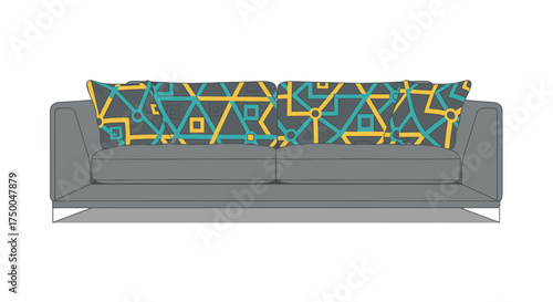Sleek modern grey sofa featuring colorful abstract geometric pattern cushions.