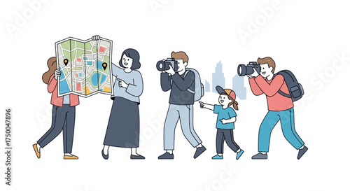 Diverse cartoon tourists exploring navigating with map taking photos.