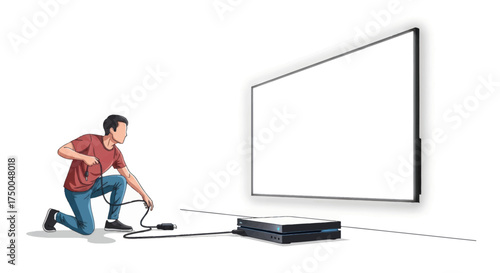 Man Kneeling Connecting Game Console to Large Blank Screen.