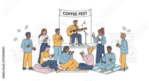Diverse Group Enjoying Live Music and Coffee at Outdoor Festival Illustration.