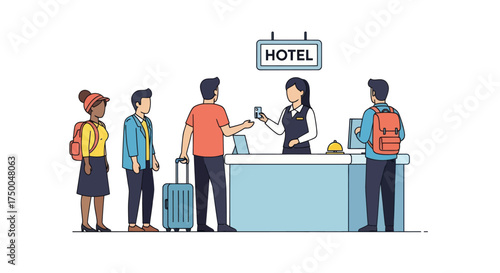 Hotel Reception Scene with Guests Checking In at the Front Desk.