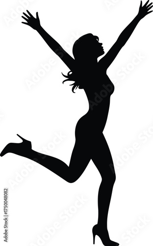 Silhouette of a woman running with arms raised in the air isolated on white background, full length