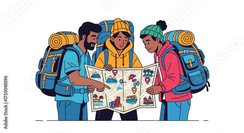 Three diverse hikers with backpacks studying a colorful map together.