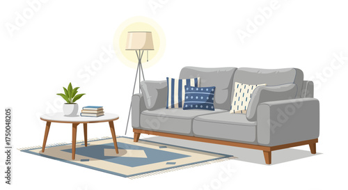 Modern Grey Sofa with Decorative Pillows and Coffee Table.