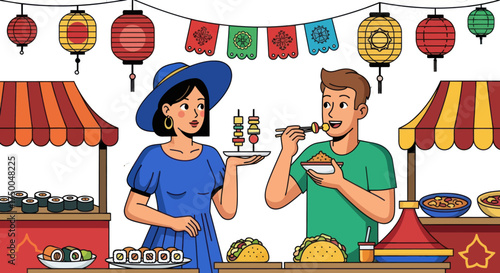 Couple enjoying food at a vibrant outdoor market with stalls and lanterns.