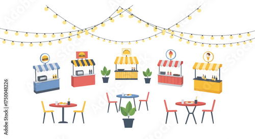 Colorful Food Stalls and Outdoor Dining Area with Festive String Lights.