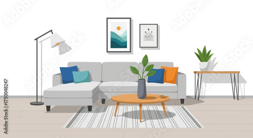 Modern living room with sectional sofa coffee table and artwork.