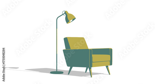 Retro Teal and Yellow Armchair with Matching Floor Lamp.