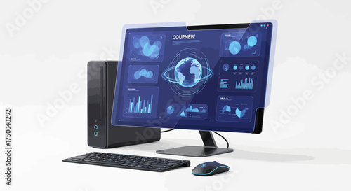 Modern Desktop Computer with Global Data Visualization on Screen.