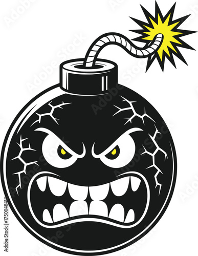 Angry Bomb Cartoon Vector, Explosive Dynamite Emoji Illustration Design.