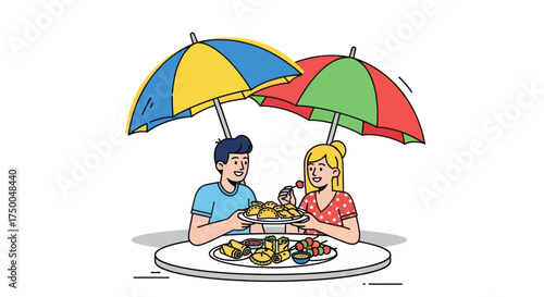 Illustrated Couple Dining Outdoors with Various Dishes Under Vibrant Umbrellas.