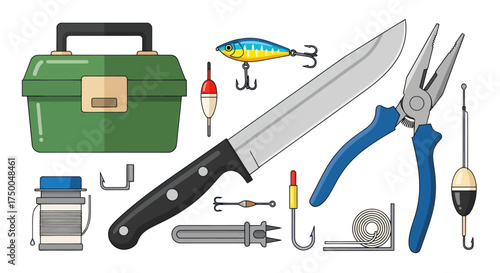 Fishing Gear: Tackle Box Knife Pliers Lure and Bobbers.