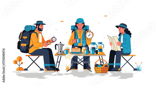 Three friends camping outdoors enjoying coffee and planning their next adventure with map and compass.
