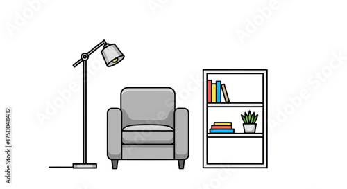 Cozy Reading Nook: Armchair Floor Lamp and Bookshelf Illustration.
