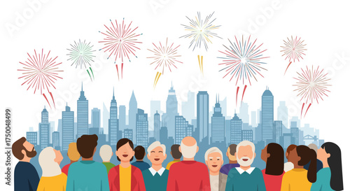 Crowd Watching Fireworks Display Over City Skyline.