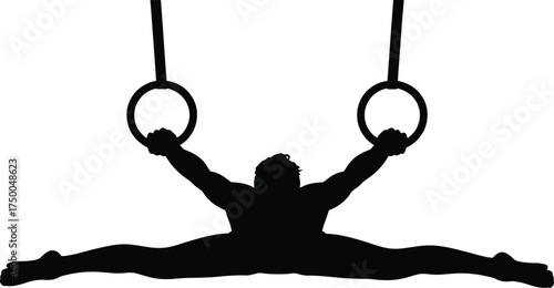 Silhouette of a gymnast performing a split on gymnastic rings isolated on white background