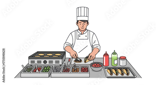 Chef preparing food at a food station with various ingredients and equipment.