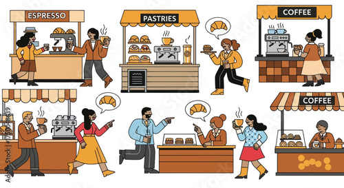 Diverse people enjoying various food and coffee stalls in a lively outdoor market setting.