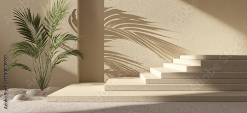 Beige architectural scene with stairs, plant and shadows, evoking a serene and minimalist vibe