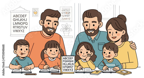 Happy family learning together with alphabet charts and books.