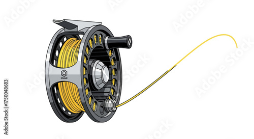 Detailed Illustration of a Modern Fly Fishing Reel with Yellow Line.