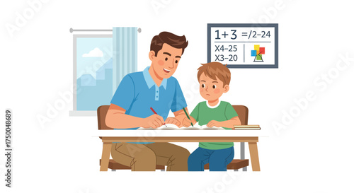 Father Helping Son with Homework at Desk Educational Scene.