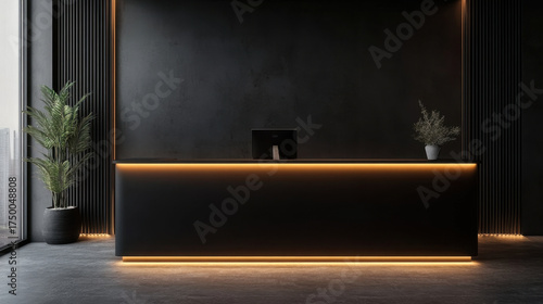 Sleek black reception counter mockup with LED strip lighting modern interior design lobby contemporary visitor corporate business workspace decor