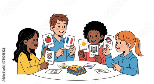 Diverse children playing educational flashcard game at a table learning and having fun.