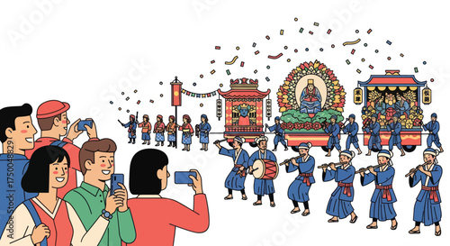 Festive Japanese Parade with Elaborate Floats and Musicians.