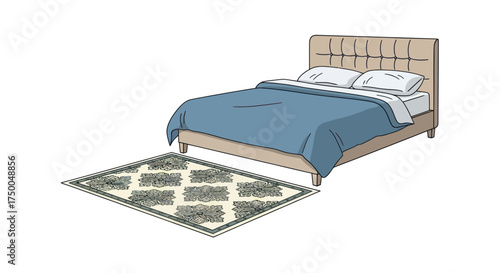 Bed with Blue Blanket and Patterned Rug Bedroom Interior Design.