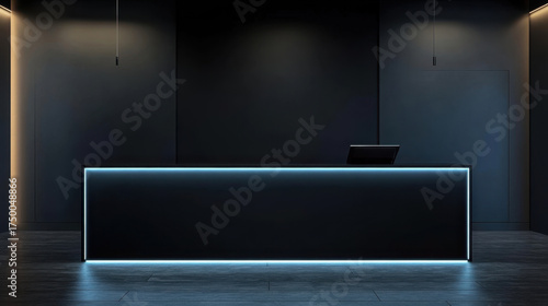 Sleek black reception counter mockup with LED strip lighting modern interior design lobby contemporary visitor corporate business workspace decor