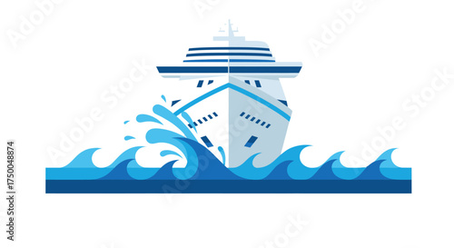 Front view of a modern white cruise ship sailing through blue ocean waves.