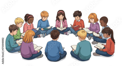 Diverse group of children sitting in a circle reading books together.