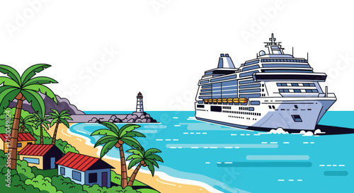 Large Cruise Ship Sailing Past Tropical Island with Lighthouse.