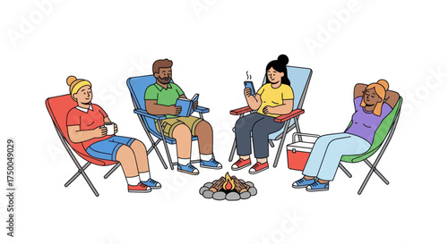 Diverse group of friends relaxing in camping chairs around a campfire.