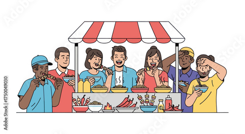 Diverse group of people enjoying food at a vibrant outdoor market stall.